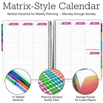 Global Printed Products Deluxe Planner 14 Months (Nov 2022 - Dec 2023) 8.5"x11" Includes Page Tabs, Planning Stickers, Pocket Folder Daily Weekly Monthly Planner Yearly Agenda (Watercolor Stripes)