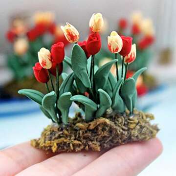 Hiawbon 1Pcs 1:12 Dollhouse Miniature Flower Plant Soil Pot Mini Fairy Garden Tulip Plant Pots Miniature Gardening Ornaments Landscaping Decoration,F