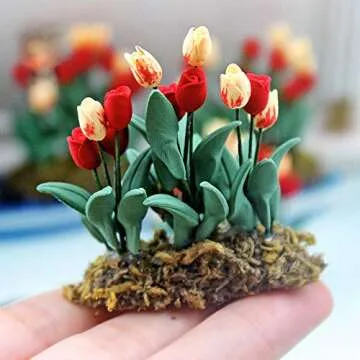 Hiawbon 1Pcs 1:12 Dollhouse Miniature Flower Plant Soil Pot Mini Fairy Garden Tulip Plant Pots Miniature Gardening Ornaments Landscaping Decoration,F
