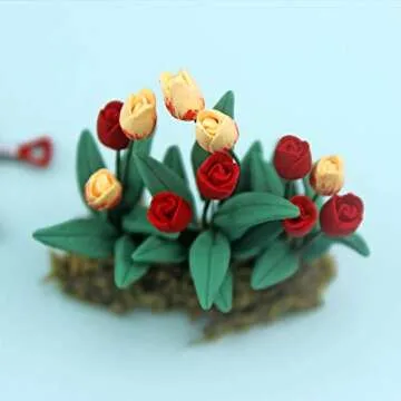 Hiawbon 1Pcs 1:12 Dollhouse Miniature Flower Plant Soil Pot Mini Fairy Garden Tulip Plant Pots Miniature Gardening Ornaments Landscaping Decoration,F