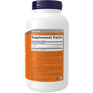 NOW Foods Supplements, L-Lysine (L-Lysine Hydrochloride) 1,000 mg, Double Strength, Amino Acid, 250 ...