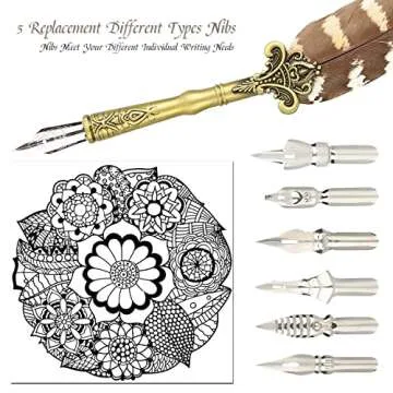 Quill Pen and Ink Set Feather Pen with Ink and 6pcs Nibs Calligraphy Pens for Beginners for Lettering,Drawing, Journaling, Signing, Invitation HO-Q-300