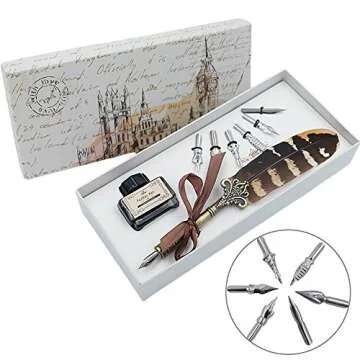 Quill Pen and Ink Set Feather Pen with Ink and 6pcs Nibs Calligraphy Pens for Beginners for Lettering,Drawing, Journaling, Signing, Invitation HO-Q-300
