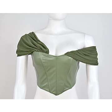 L'VOW Women's Sexy PU Leather Bustier Mesh Sleeve Boned Corset Crop Top Open Back Bodyshaper(Green,S)