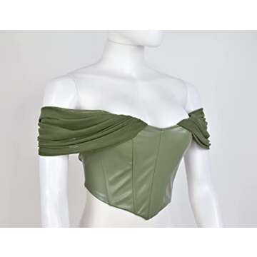 L'VOW Women's Sexy PU Leather Bustier Mesh Sleeve Boned Corset Crop Top Open Back Bodyshaper(Green,S)