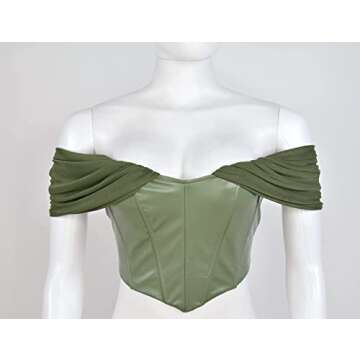 L'VOW Women's Sexy PU Leather Bustier Mesh Sleeve Boned Corset Crop Top Open Back Bodyshaper(Green,S)