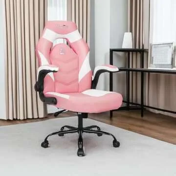 N-GEN Video Gaming Computer Chair Ergonomic Desk Office Chair for Adults with Lumbar Support Flip-Up Arms Adjustable Height Swivel Wheels PU Leather Executive Design for Home and Office (Pink)