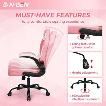 N-GEN Video Gaming Computer Chair Ergonomic Desk Office Chair for Adults with Lumbar Support Flip-Up Arms Adjustable Height Swivel Wheels PU Leather Executive Design for Home and Office (Pink)