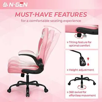 N-GEN Video Gaming Computer Chair Ergonomic Desk Office Chair for Adults with Lumbar Support Flip-Up Arms Adjustable Height Swivel Wheels PU Leather Executive Design for Home and Office (Pink)