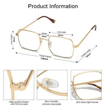 SOJOS Blue Light Blocking Glasses Women Small Face, Square Metal Computer Gaming Lightweight Eyeglasses, Anti Glare UV Ray Filter Eyeglasses SJ5063 with Gold Frame/Anti-Blue Light Lens