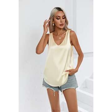 Y YOLITEE Women's Silk Satin Sleeveless Blouse Summer Camisole Tank Shirt V Neck Casual Loose Tank Tops Champagne XX-Large
