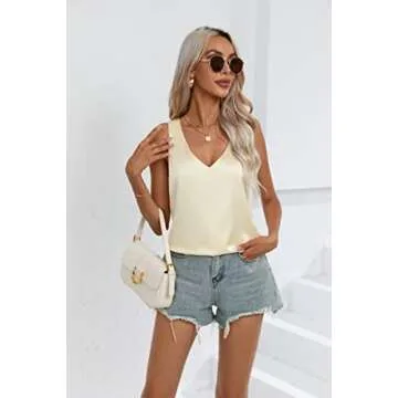 Y YOLITEE Women's Silk Satin Sleeveless Blouse Summer Camisole Tank Shirt V Neck Casual Loose Tank Tops Champagne XX-Large