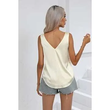 Y YOLITEE Women's Silk Satin Sleeveless Blouse Summer Camisole Tank Shirt V Neck Casual Loose Tank Tops Champagne XX-Large