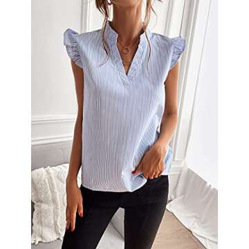 WDIRARA Women's Striped Ruffle Cap Sleeve Notched V Neck Blouse Top Shirt Blue and White M