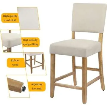 DAGONHIL 24 Inches Counter Height Bar Stools Set of 4, Upholstered Barstools with Wood Legs, Island Chairs for Kitchen Counter, Towel Cloth (Beige)