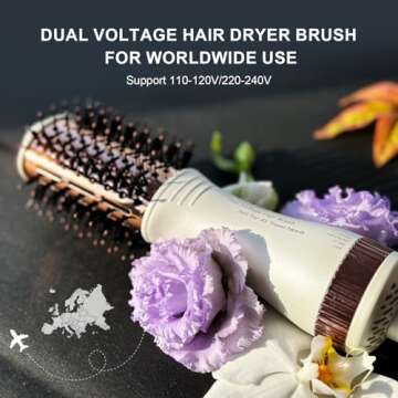 Travel Dual Voltage Hair Dryer Brush 4-IN-1 Portable Mini Hot Air Blow Dryer Straightener & Curler B...