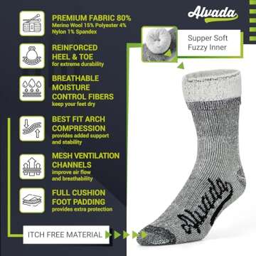 Alvada Merino Wool Hiking Socks Thermal Warm Crew Winter Boot Sock For Men & Women 3 Pairs