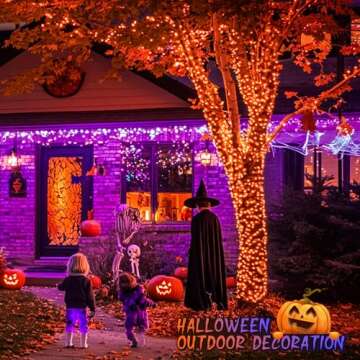 JMEXSUSS 168ft 600 LED Halloween Decor Lights Outdoor Clear Wire, Orange Purple Halloween String Lights Indoor Plug in,Halloween Lights for Tree Porch Yard Decorations