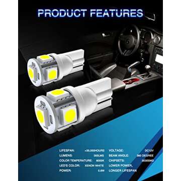 Marsauto 194 LED Bulb Pack - Bright 6000K White Light