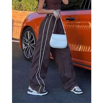 Shebote Womens Parachute Pants Wide Leg Baggy Pants Y2K Elastic Waist Jogger Sweatpants Track Pants Streetwear(0046-Coffee-M)