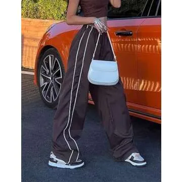 Shebote Womens Parachute Pants Wide Leg Baggy Pants Y2K Elastic Waist Jogger Sweatpants Track Pants Streetwear(0046-Coffee-M)