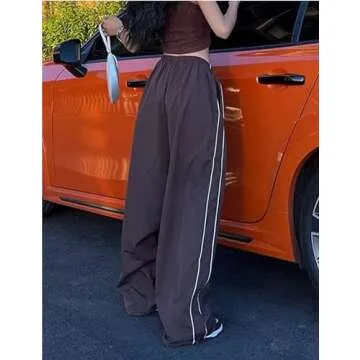 Shebote Womens Parachute Pants Wide Leg Baggy Pants Y2K Elastic Waist Jogger Sweatpants Track Pants Streetwear(0046-Coffee-M)