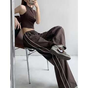 Shebote Womens Parachute Pants Wide Leg Baggy Pants Y2K Elastic Waist Jogger Sweatpants Track Pants Streetwear(0046-Coffee-M)