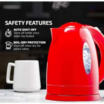 OVENTE Electric Kettle Hot Water Heater 1.7 Liter - BPA Free Fast Boiling Cordless Water Warmer - Auto Shut Off Instant Water Boiler for Coffee & Tea Pot - Red KP72R