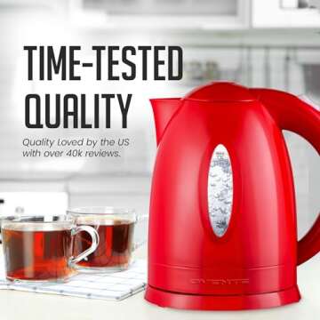 OVENTE Electric Kettle Hot Water Heater 1.7 Liter - BPA Free Fast Boiling Cordless Water Warmer - Auto Shut Off Instant Water Boiler for Coffee & Tea Pot - Red KP72R