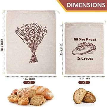 Reusable Linen Bread Bags - Pack of 4 for Fresh Storage
