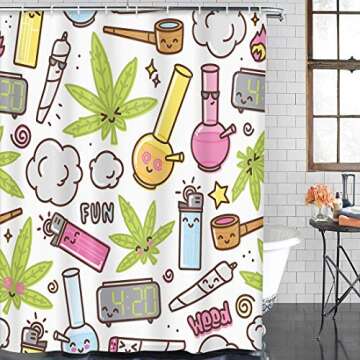 TOMPOP Shower Curtain Green Kawaii Cartoon White Pattern Waterproof Polyester Fabric 72 x 72 Inches Set with Hooks