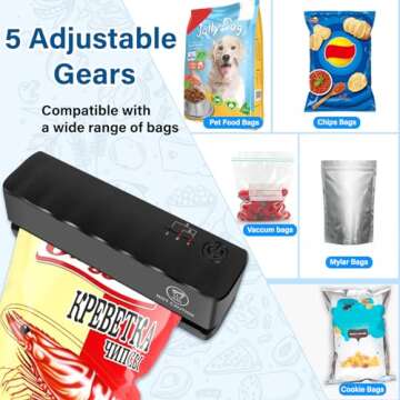 Bag Sealer - Mini Rechargeable Food Sealer Machine,5 Adjustable Gears Chip Bag Resealer,with 3000mAh Battery and 4.7" Heating Strip Seal for Vacuum Sealer Bags, Food Snack Bags Storage (Black)
