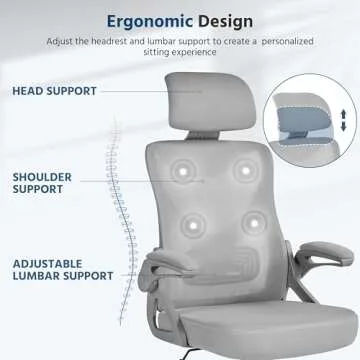 Yaheetech Ergonomic Mesh Office Chair, High Back Desk Chair with with flip-up Armrests, Adjustable Padded Headrest Computer Chair with Lumbar Support for Home Oiffce Game Room, Full Gray