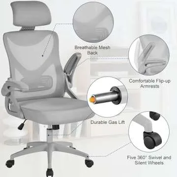 Yaheetech Ergonomic Mesh Office Chair, High Back Desk Chair with with flip-up Armrests, Adjustable Padded Headrest Computer Chair with Lumbar Support for Home Oiffce Game Room, Full Gray