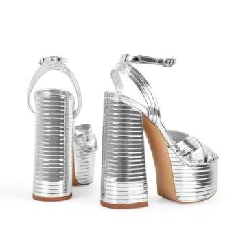 Onlymaker Platform Heels for Women Sexy Ankle Strap Chunky High Heeled Sandals Sparkly Metallic Leather Silver Platform Chunky Heels 5 inch High Block Heel Fashion Dress Platrorm Heels Size 8