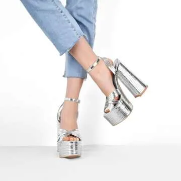 Onlymaker Platform Heels for Women Sexy Ankle Strap Chunky High Heeled Sandals Sparkly Metallic Leather Silver Platform Chunky Heels 5 inch High Block Heel Fashion Dress Platrorm Heels Size 8