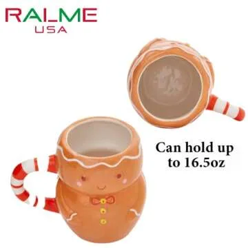 RALME Gingerbread Man Christmas Mug for Kids or Adults - Large Ceramic Coffee or Hot Cocoa Mug, 16 oz.