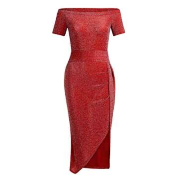 Vielone Women Off Shoulder Long Sleeve Ruched High Slit Metallic Glitter Evening Party Dress