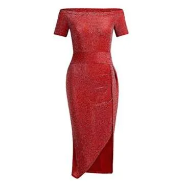 Vielone Women Off Shoulder Long Sleeve Ruched High Slit Metallic Glitter Evening Party Dress