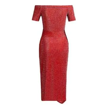 Vielone Women Off Shoulder Long Sleeve Ruched High Slit Metallic Glitter Evening Party Dress