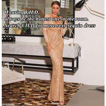 Vielone Women Off Shoulder Long Sleeve Ruched High Slit Metallic Glitter Evening Party Dress