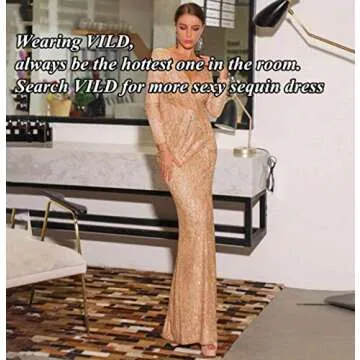 Vielone Women Off Shoulder Long Sleeve Ruched High Slit Metallic Glitter Evening Party Dress