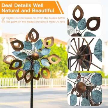 Cyan Oasis Copper Wind Spinners Outdoor 74 Inches with Solar LED Light, Kinetic Dual Wind Sculptures & Spinners for Yard Lawn Garden Decor, Large Metal Clearance Windmill with Bronze Leaf