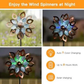 Cyan Oasis Copper Wind Spinners Outdoor 74 Inches with Solar LED Light, Kinetic Dual Wind Sculptures & Spinners for Yard Lawn Garden Decor, Large Metal Clearance Windmill with Bronze Leaf
