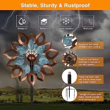 Cyan Oasis Copper Wind Spinners Outdoor 74 Inches with Solar LED Light, Kinetic Dual Wind Sculptures & Spinners for Yard Lawn Garden Decor, Large Metal Clearance Windmill with Bronze Leaf