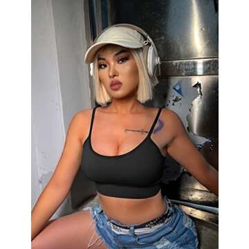 OQQ Women's 3 Piece Cami Crop Top Ribbed Seamless Removable Cups Workout Exercise Sports Bra, Black Grey Beige, Large