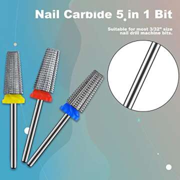 3Pcs Carbide 5 in 1 Nail Drill Bit Set- Two Way Rotate Use for Both Left and Right Handed- XF， F， M 3/32 Inches Brocas Para Drill Nails for Acrylic Nail Gel Fast Remove
