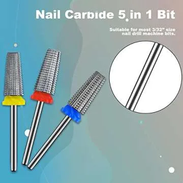 3Pcs Carbide 5 in 1 Nail Drill Bit Set- Two Way Rotate Use for Both Left and Right Handed- XF， F， M 3/32 Inches Brocas Para Drill Nails for Acrylic Nail Gel Fast Remove