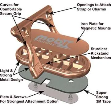 MOBI HANDLE Phone Grip Holder Ring Kickstand, Unique 3-Finger Shape for Comfort and Security with Strap, Lightweight, Durable, Scratch Resistant, Compatible with All Magnetic Mounts [Rose Gold]