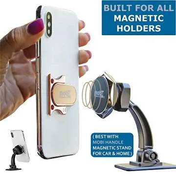 MOBI HANDLE Phone Grip Holder Ring Kickstand, Unique 3-Finger Shape for Comfort and Security with Strap, Lightweight, Durable, Scratch Resistant, Compatible with All Magnetic Mounts [Rose Gold]